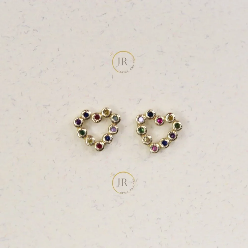 14K Yellow Gold Heart Stud Earrings with Rainbow Colors · Dainty & Elegant. - Picture 3 of 8